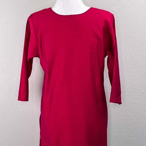 Fuchsia Pink Gold Chikankari Indian High Slits Half Sleeve Kurta Tunic Top M/L - Picture 8 of 13